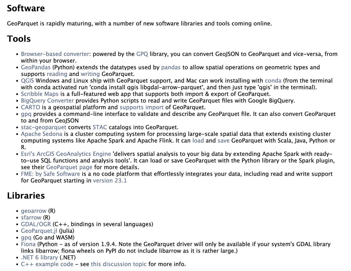 A screenshot showing tools and libraries that support GeoParquet from geoparquet.org